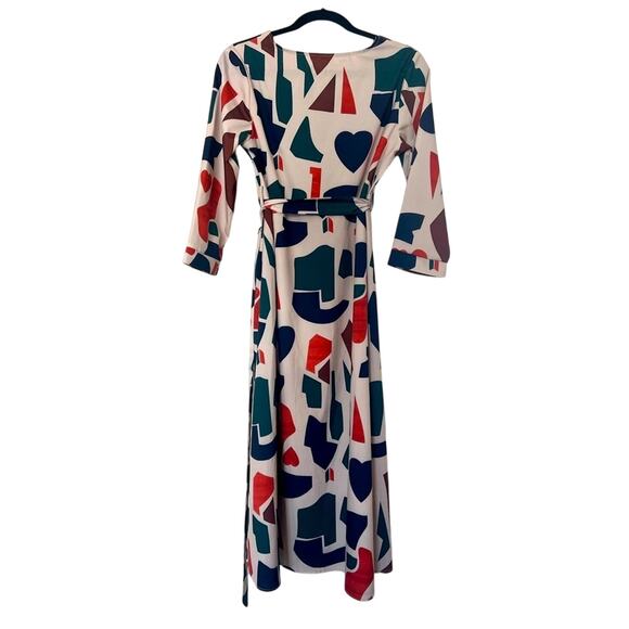 Mosaic Print Shirt Dress - Blue Orange Cream Green Belted Button Down - S - Picture 3 of 10